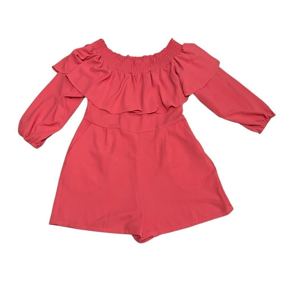 1. State Women's Off The Shoulder Ruffle 3/4 Sleeve Romper Salmon Medium NWT